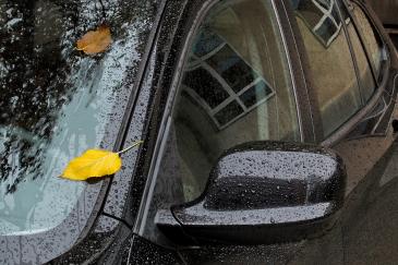 Auto herfstklaar Vochtige auto met herfstbladeren