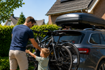 Vader zet fietsen op de fietsendrager van de auto