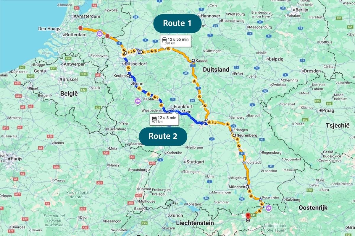 Kaart met routes naar Oostenrijk