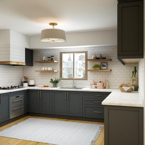 Nieuwe keuken Nieuwe moderne keuken met donkere kastjes en witte tegels