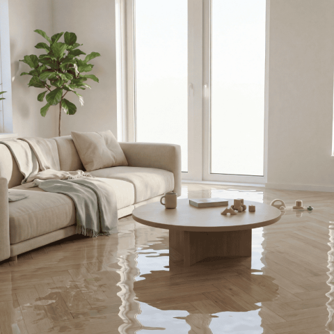 Een woonkamer waarbij de houten vloer volledig onder water staat door waterschade.